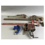 Lot of Heavy Duty Pipe Wrenches & Bench Vises