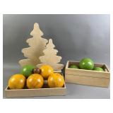 Vtg Brevettato Bocce Balls & Wooden Crates & Trees