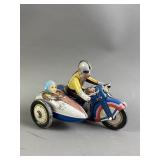 Vtg Tin Windup Toy Motorcycle with Sidecar
