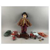 Vintage Hobo-Clown Doll, Die Cast Cars and More