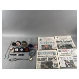 Misc. Vtg. Hockey Pucks, Detroit Newspapers & More