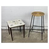 Vtg-style Rattan Bar Stool & Wooden Side Table