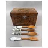 Vtg Hand Carved Camphor Box & Kitchen Utensils