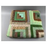 Vtg Handmade Green/Brown Log Cabin Quilt