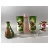 Vintage Hand Painted Floral Glass Vases & More