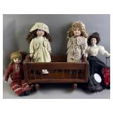 4 Vintage Dolls & Doll Crib
