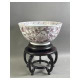 Vtg Porcelain Chinese Bowl w/ Wooden Planter