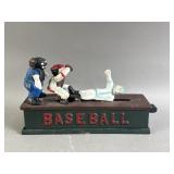 Vtg Cast Iron Baseball Mechanical Coin Bank