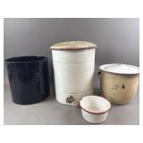 Vintage Metal Trash Can & Various Metal Pots
