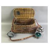 Vtg Wicker Fishing Creel w/ Fishing Reels