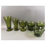 Vintage Pressed Green Glass Lot - Vases & Bowls