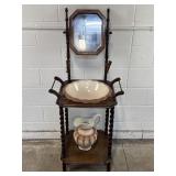 Antq Wooden Wash Stand w/ Wash Pitcher & Bowl