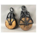 Vintage Cast Iron and Wood Block Barn Pulleys (2)