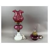 Vtg Cranberry Milk Glass Parlor Lamp & More