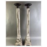 2 White Distressed Wooden Pillar Candle Holders