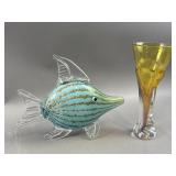 Signed Art Glass Vase & Murano Glass Style Fish