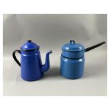 Vtg Blue Enamel Double Boiler & Teapot