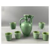 Mid Century Green-glazed Ceramic Ewer & Cups Set