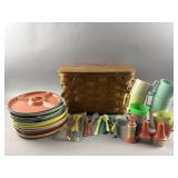 Vtg Picnic Basket & Plastic Colorful Plates & More