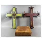 Antique Holy Bible & Decorative Wooden Crosses