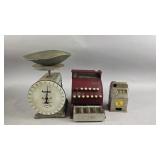 Vintage Register, Kitchen Scale, & Slot Machine