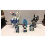 3 Blue Delft Ware Houses, Coffee Grinder,