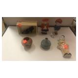 6 pc lot of old figurines/ shaker/ wall pocket.