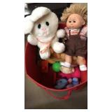 Tote of stuffed animals, doll & toys.