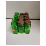 12 Green Glass Bottles, 8 W/ Lids