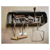 Metal Toolbox W/ Vintage Tools & 2 Hay Hooks