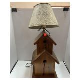Birdhouse lamp. 24in total height.  Punched tin