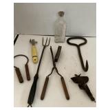 Lot of old utensils & bottle w/ stopper.