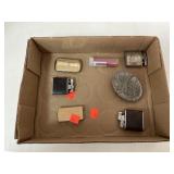 Group Lot Vintage Zippos, Belt Buckles, etc
