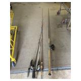Lot of 5 fishing poles. 3 w/ reels.