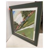 Painted mirror. 14in square signed.