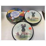 Lot of 3 golf tins. 6.5in diameter.