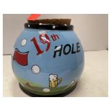 19th Hole Ceramic canister w/ cork lid. 5in high