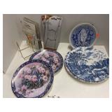 Blue plates. Plate hangers. Plate stand.