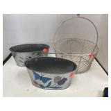 Wire basket & 2 painted tin containers /