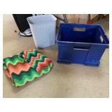 Group Lot Plastic Crate, Wastebasket, Blanket