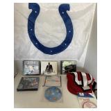 Misc. lot. Colts flag. IU hat & button. PC games.