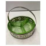 Divided green glass dish in silver  tone holder.