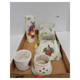 Lit of Ceramic Fruit Themed Vases & Candle