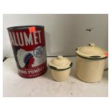 3 pc lot. Calumet 5lb tin. 2 covered granite w