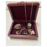 Small Wooden Jewelry Box and Four Pieces of