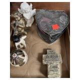 Misc angel figurines, cross, heart basket,