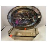 Silver plate tray & glass loaf pan.