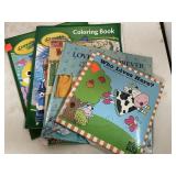 3 kids books & 2 coloring books.