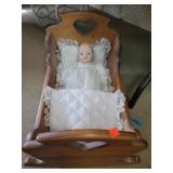 Wooden Babydoll Cradle W/ Porcelain Doll