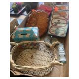Flat of misc, tin bank, small basket & more